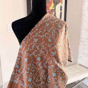 Brown and Blue Floral Scarf silk and wool blend